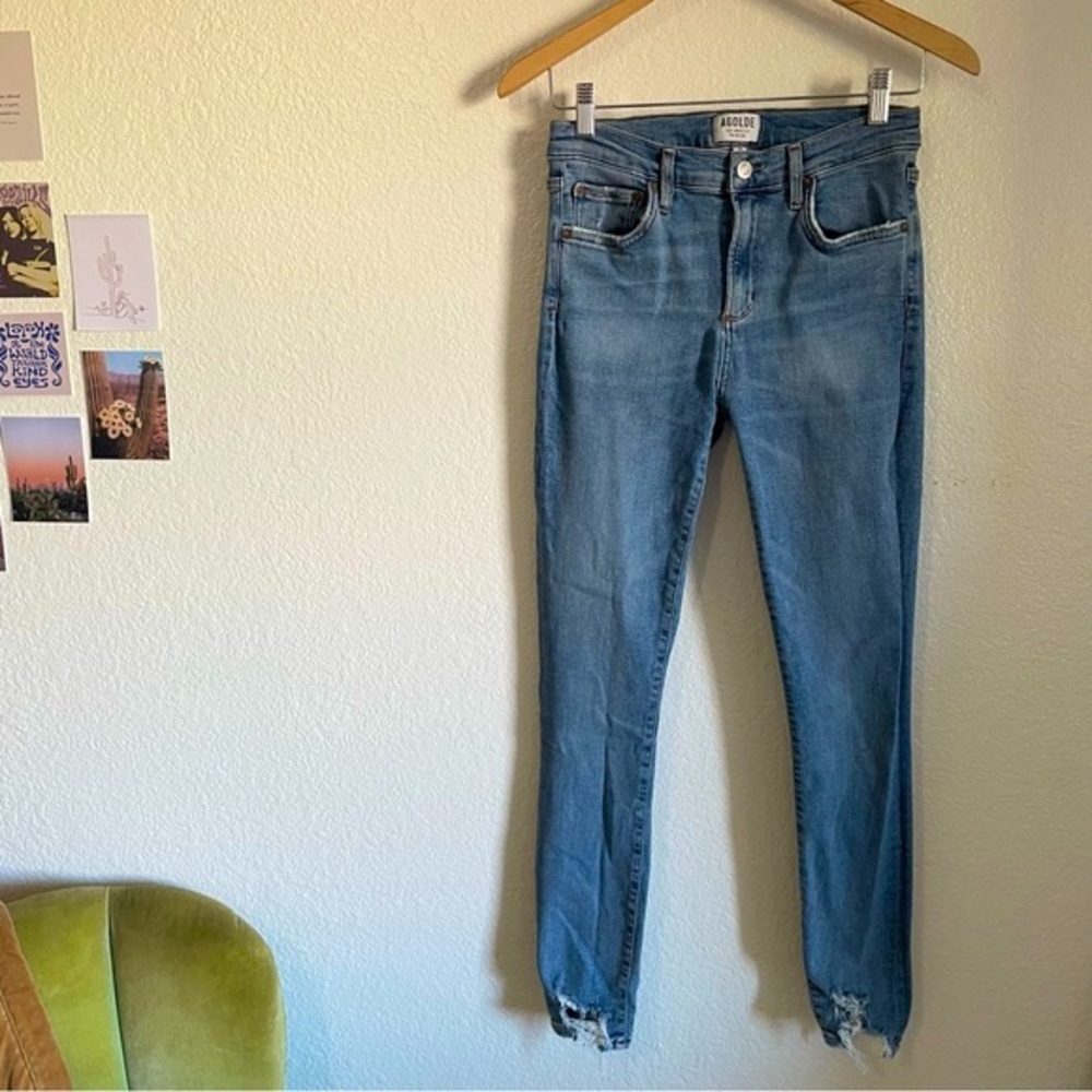 Agolde Sophie High Rise Skinny Ankle Jeans Scheme Blue Distressed Raw Frayed